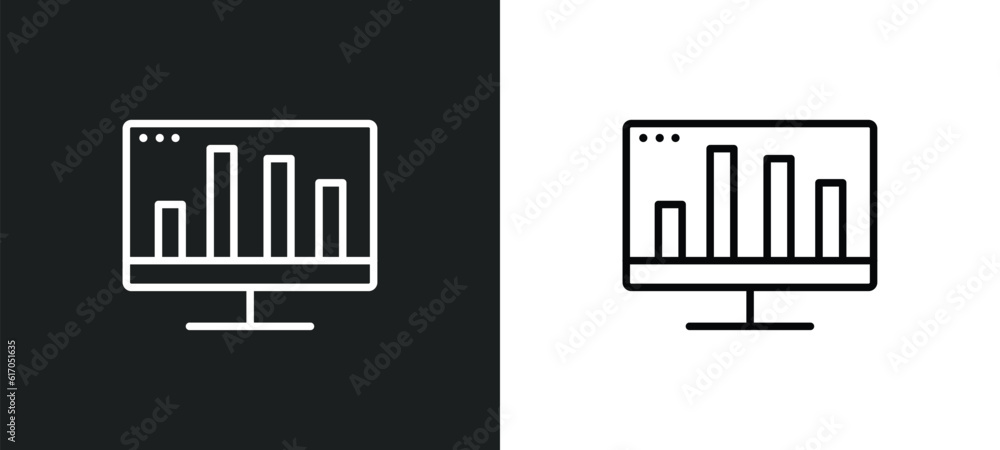 Poster bars graphic on screen line icon in white and black colors. bars graphic on screen flat vector icon 