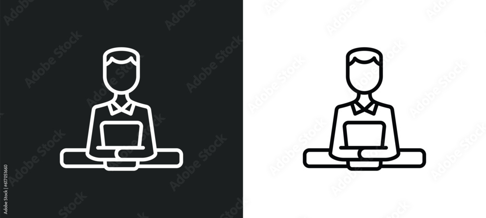 Poster boss reading a document line icon in white and black colors. boss reading a document flat vector ico