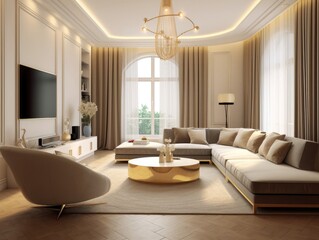 luxury living room in the style of white and gold with a TV on the cabinet, a sofa, and an expansive window. Generative AI