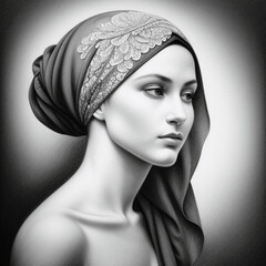 Graphite pencil drawing style of a young lady wearing a head covering.  Generative AI