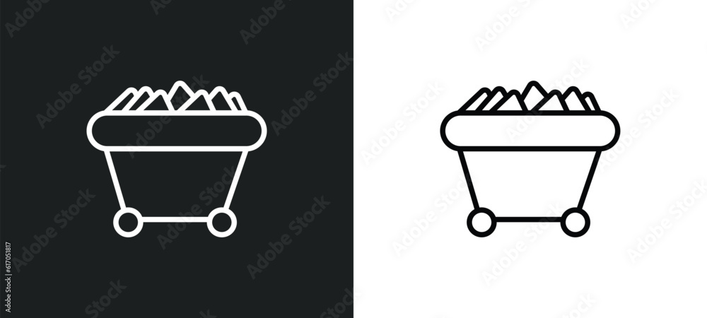 Poster mining cart line icon in white and black colors. mining cart flat vector icon from mining cart colle