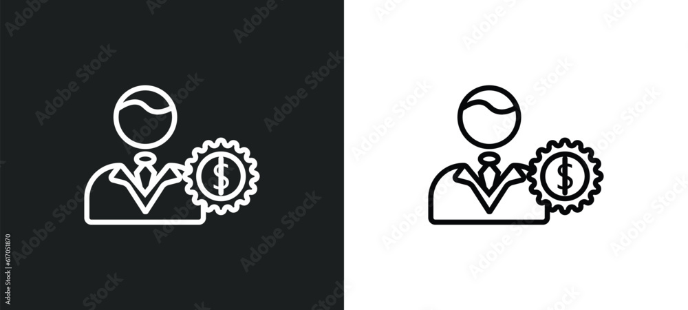 Poster man with money gears line icon in white and black colors. man with money gears flat vector icon from
