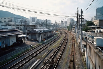 Obraz premium a train track running through a city next to a tall building with lots of power lines in the background
