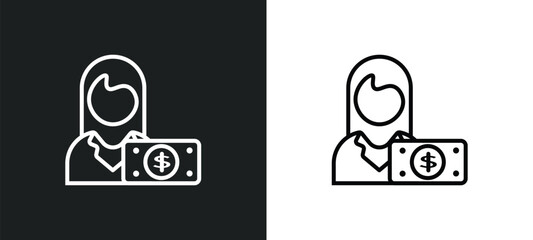 woman with dollar bill line icon in white and black colors. woman with dollar bill flat vector icon from woman with dollar bill collection for web, mobile apps and ui.