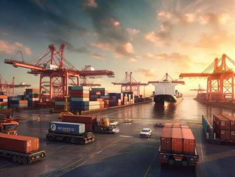 Business logistics and transportation concept of a container cargo ship and cargo with a working crane bridge in a shipyard and a sunset in the background. Generative AI