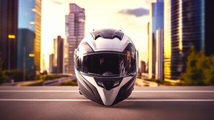 An image featuring a motorbike helmet surrounded by an urban cityscape , emphasizing the helmet's compatibility with urban commuting and its importance for city riders. Generative Ai - obrazy, fototapety, plakaty
