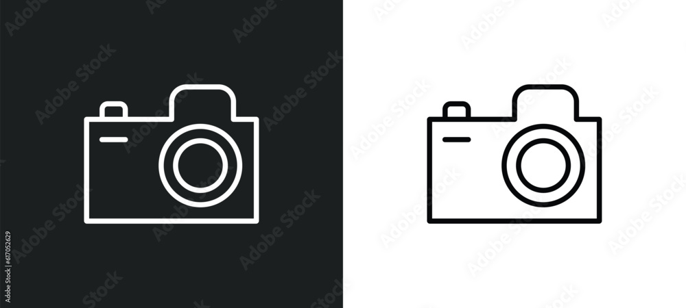 Poster camera line icon in white and black colors. camera flat vector icon from camera collection for web, 