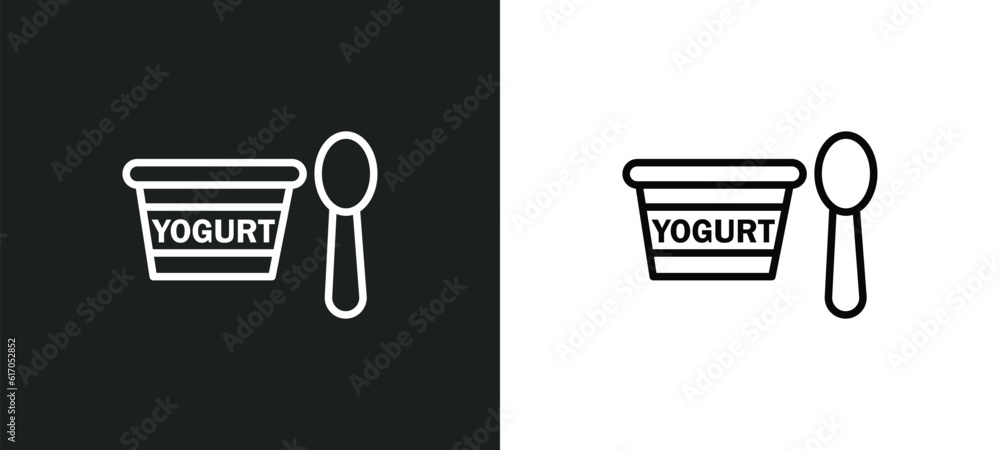 Poster yogurt with spoon line icon in white and black colors. yogurt with spoon flat vector icon from yogur