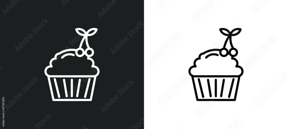 Poster cupcake with cherry line icon in white and black colors. cupcake with cherry flat vector icon from c