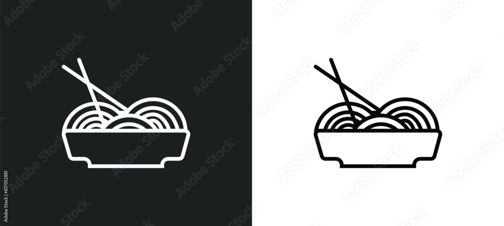 Poster plate of spaghetti line icon in white and black colors. plate of spaghetti flat vector icon from pla