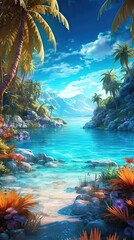 Fototapeta na wymiar A tropical paradise beach with turquoise waters and palm trees swaying in the breeze. Colorful illustration art. Generative AI