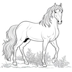 Fototapeta na wymiar Pony horse animal line art illustration. Black and white coloring page style art. Generative AI