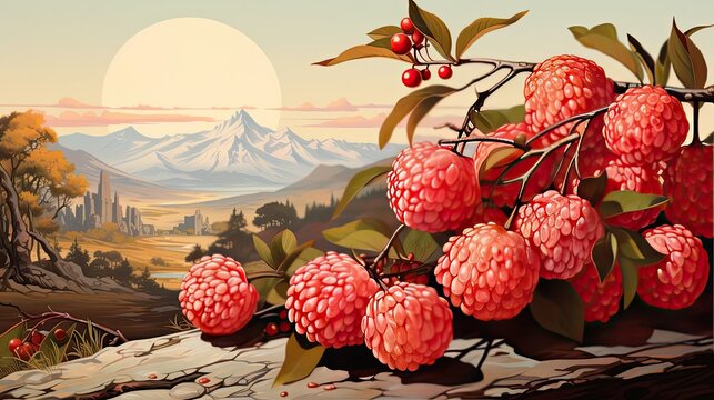 Naklejki Lychees fruits vintage art illustration. Natural eco food design. Generative AI
