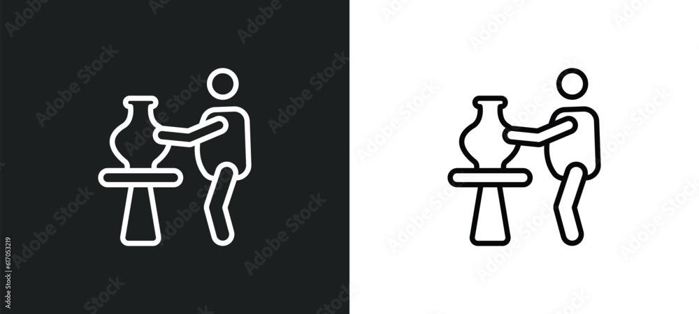 Poster man doing pottery line icon in white and black colors. man doing pottery flat vector icon from man d