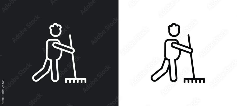 Aufkleber man sweeping line icon in white and black colors. man sweeping flat vector icon from man sweeping co