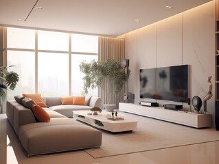 A living room with a wall-mounted TV in the center of the picture, in the style of light brown and beige. Generative AI