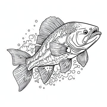 recommend clip art: Trout animal line art illustration. Black and white coloring page style art. Generative AI