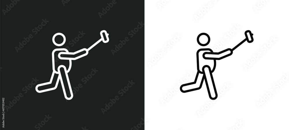 Poster man taking a selfie line icon in white and black colors. man taking a selfie flat vector icon from m