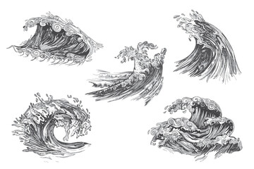 Handdrawn wave illustration, wave drawing, sea, ocean, water, element, nature, wave collection, set