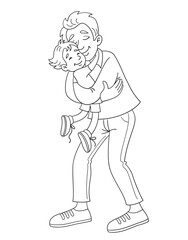 Happy father holds his little son in his arms. They stand hugging.  Black and white picture for coloring book. In cartoon style. Isolated on white.  Vector illustration.