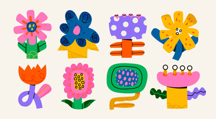 Various abstract Flowers. Set of colorful unique design elements. Sticker, poster, print templates. Hand drawn trendy Vector illustration. All elements are isolated