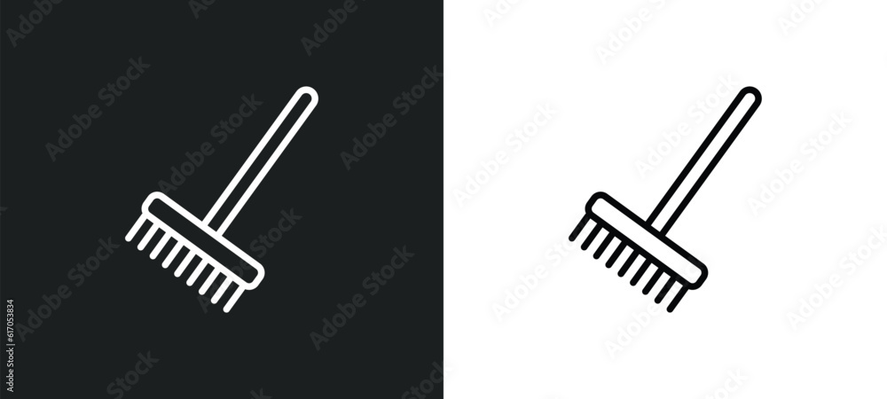 Poster rake line icon in white and black colors. rake flat vector icon from rake collection for web, mobile