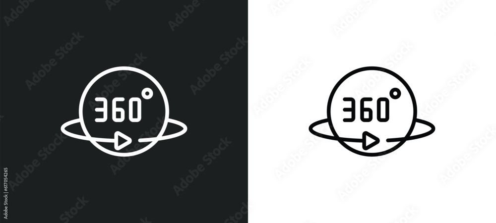 Poster 360 degrees line icon in white and black colors. 360 degrees flat vector icon from 360 degrees colle