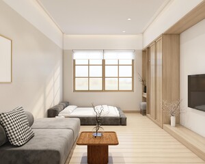 Modern japan style tiny room decorated with Minimalist sofa and tv cabinet, bed and wood wardrobe. 3d rendering