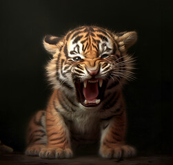 a small tiger cub , growling on a dark background. generative AI