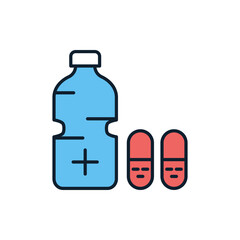Medical Bottle related vector line icon. Pills, water. Isolated on white background. Vector illustration. Editable stroke