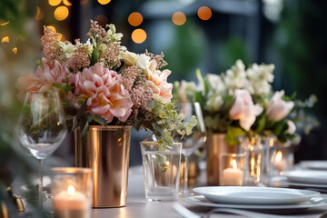 Flower table decorations for holidays and wedding dinner. Table set for holiday, event, party or wedding reception in outdoor restaurant. 