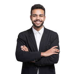 Portrait of handsome smiling young man with folded arms isolated transparent PNG, Joyful cheerful casual businessman with crossed hands studio shot