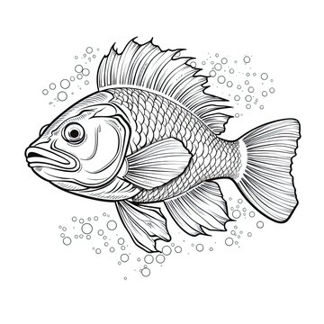 recommend clip art: Pike fish animal line art illustration. Black and white coloring page style art. Generative AI