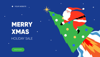 Merry Christmas web banner. Santa Claus flying on a Christmas-tree rocket