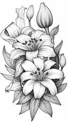 Cute Lily flower in coloring page style illustration. Line art painting. Generative AI