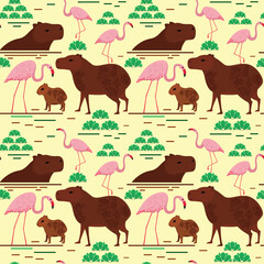 seamless pattern bright background capybaras and flamingos