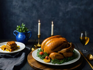 Happy Thanksgiving, harvest festival, feast. roast turkey or chicken are on table. Festive serving with traditional dishes. Traditional food concept for autumn holidays.