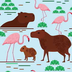 seamless pattern bright background capybaras and flamingos