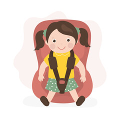 Cute little girl sitting in car seat, safety car transportation of small kids. Baby on board. Child safe and comfortable drive in car. Family travel. Calm baby on backseat