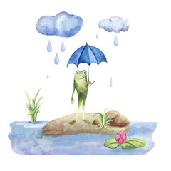 Funny frog under an umbrella. Watercolor illustration. Cartoon