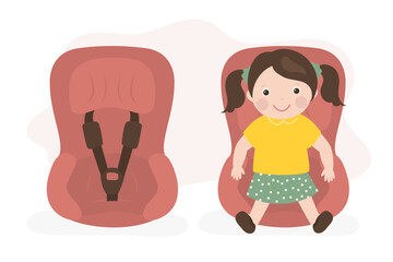 Cute little girl sitting in car seat, safety car transportation of small kids. Baby on board. Child safe and comfortable drive in car. Family travel. Empty child backseat