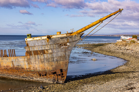 A shipwreck on the coast near Punta Arenas in southern Chile, Patagonia, South America