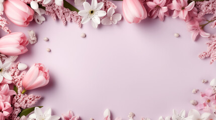 Fototapeta na wymiar Easter floral frame, web banner. Spring wedding, birthday composition with pink hyacinth, cherry blossoms, white tulips and baby's breath flowers. 