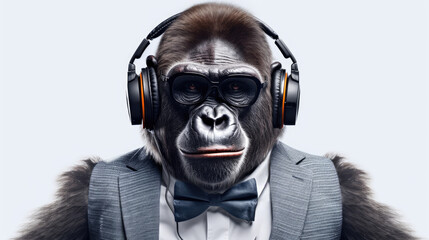 gorilla ape in headphones on white background, Generative AI