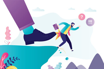 Big foot of the boss kick worker man into abyss from cliff. Staff reduction. Dismissal of male employee. Unemployment during recession and economic crisis. Fired manager.