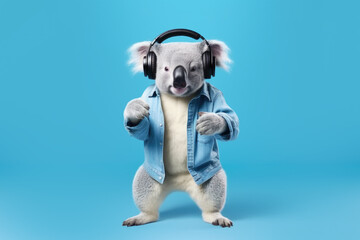 Obraz premium koala in headphones on blue background, Generative AI