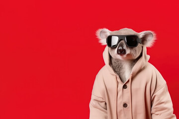 koala in glasses on red background, Generative AI