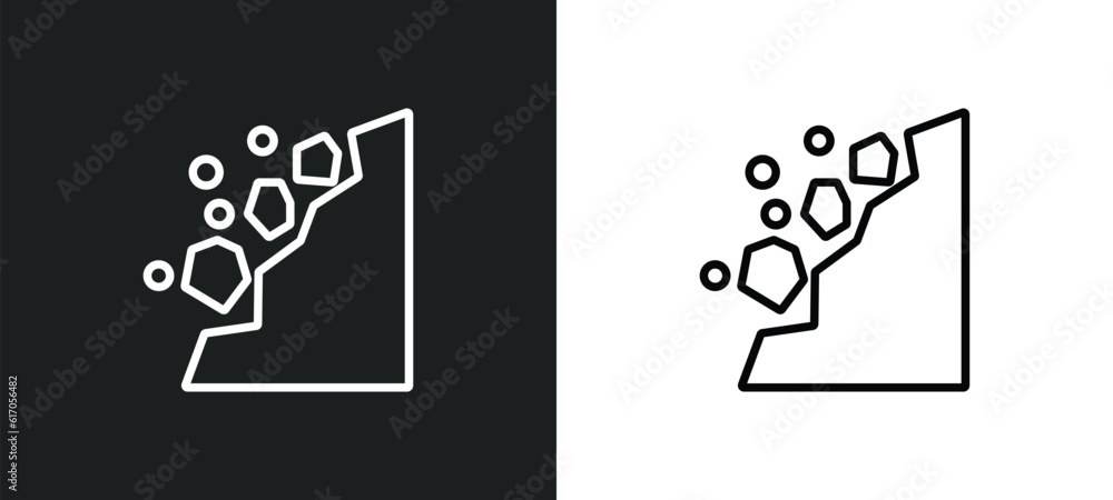 Poster falling debris line icon in white and black colors. falling debris flat vector icon from falling deb