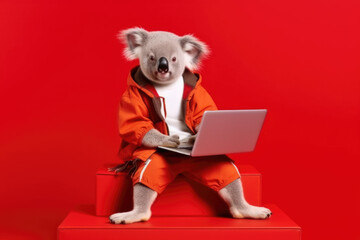 koala with laptop on red background, Generative AI