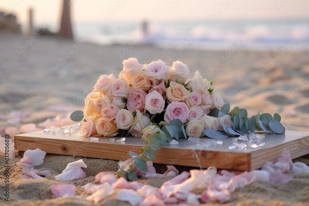 Wall mural a bouquet of roses on a wooden table on the beach, wedding ceremony decoration ideas